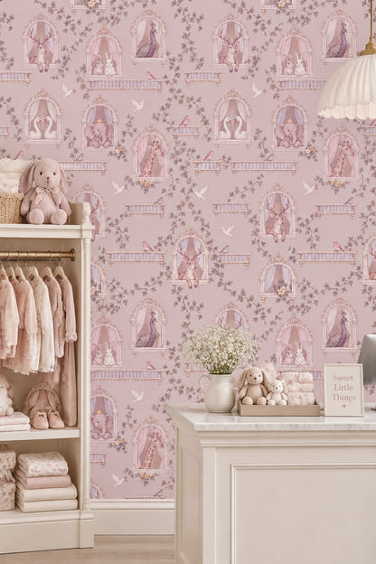 Ornate Window Storybook Animals Wallpaper Pastel Pink