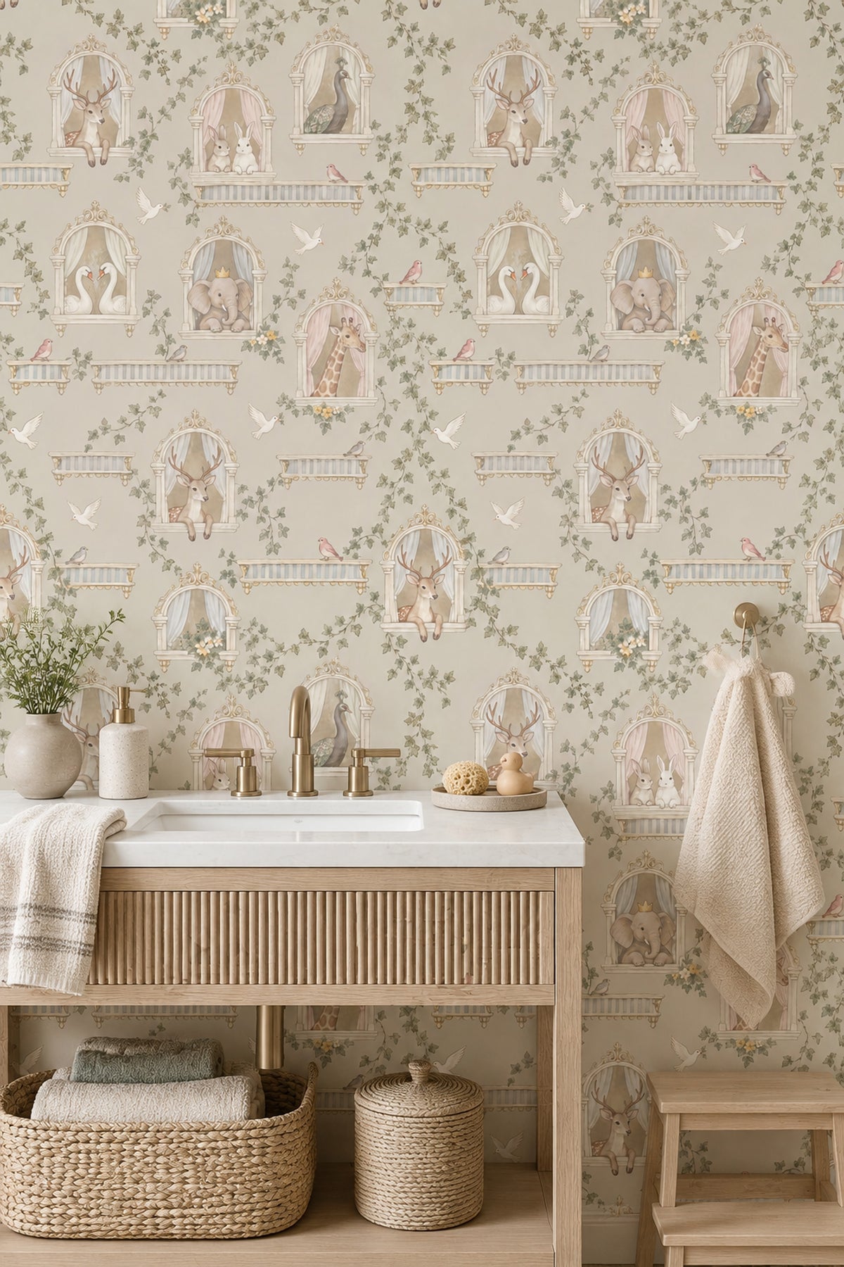 Whimsical Animals Ornate Windows Wallpaper Pastel Light Beige