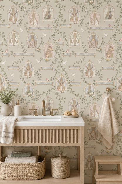 Whimsical Animals Ornate Windows Wallpaper Pastel Light Beige