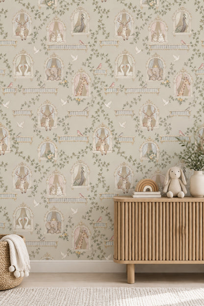 Whimsical Animals Ornate Windows Wallpaper Pastel Light Beige