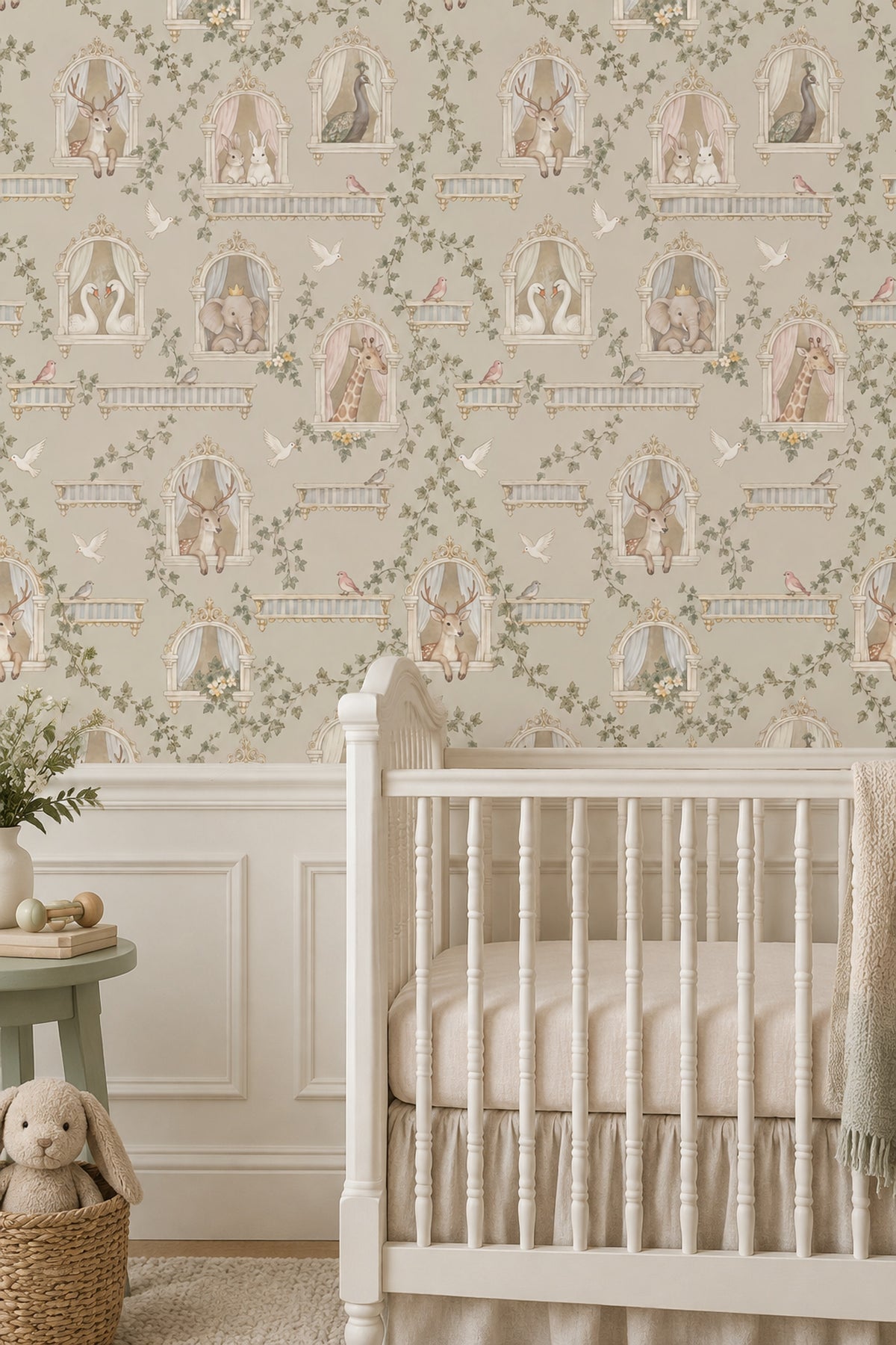 Whimsical Animals Ornate Windows Wallpaper Pastel Light Beige