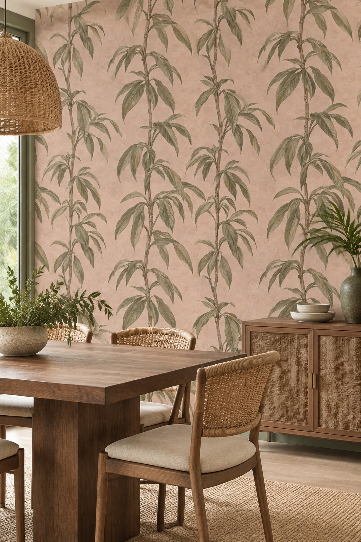 Bamboo Stems Wallpaper Sage Green Dusty Pink Botanical