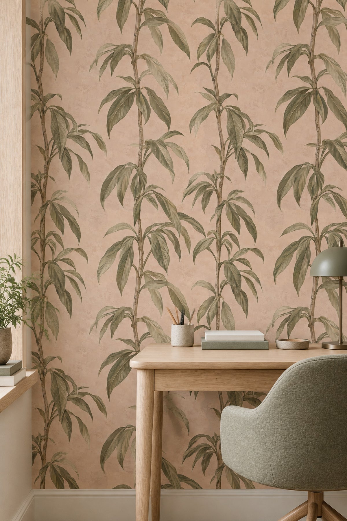 Bamboo Stems Wallpaper Sage Green Dusty Pink Botanical