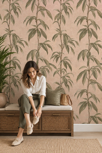 Bamboo Stems Wallpaper Sage Green Dusty Pink Botanical