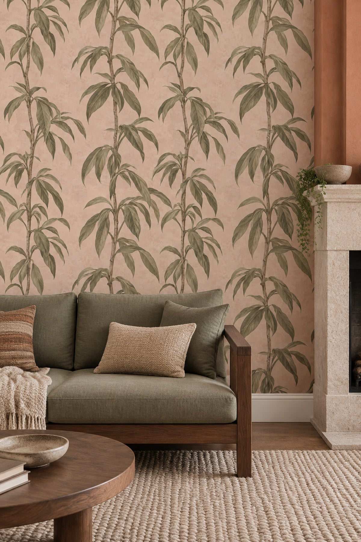 Bamboo Stems Wallpaper Sage Green Dusty Pink Botanical
