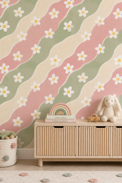 White Daisy Wallpaper Pastel Abstract Waves Pink Sage Green