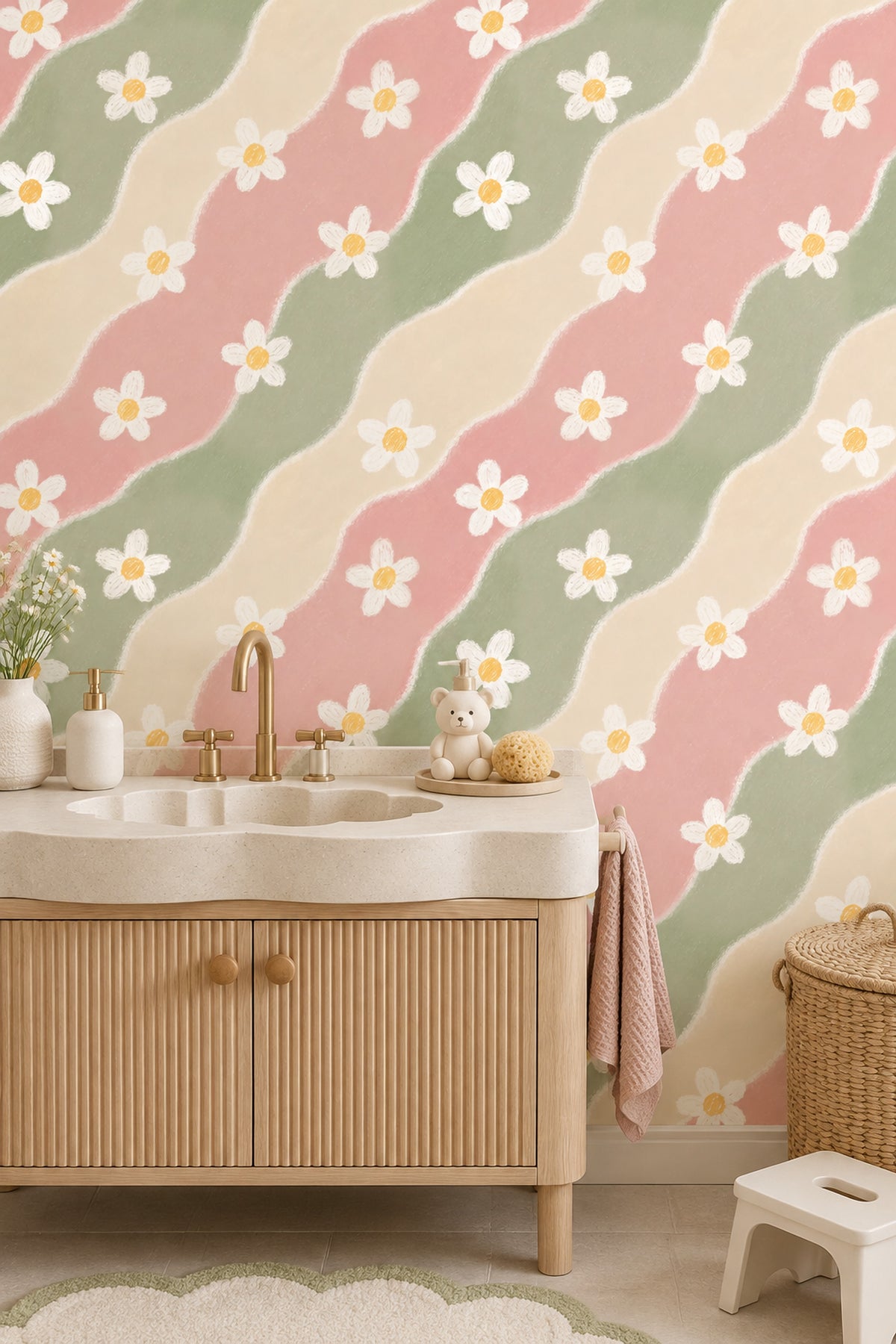 White Daisy Wallpaper Pastel Abstract Waves Pink Sage Green