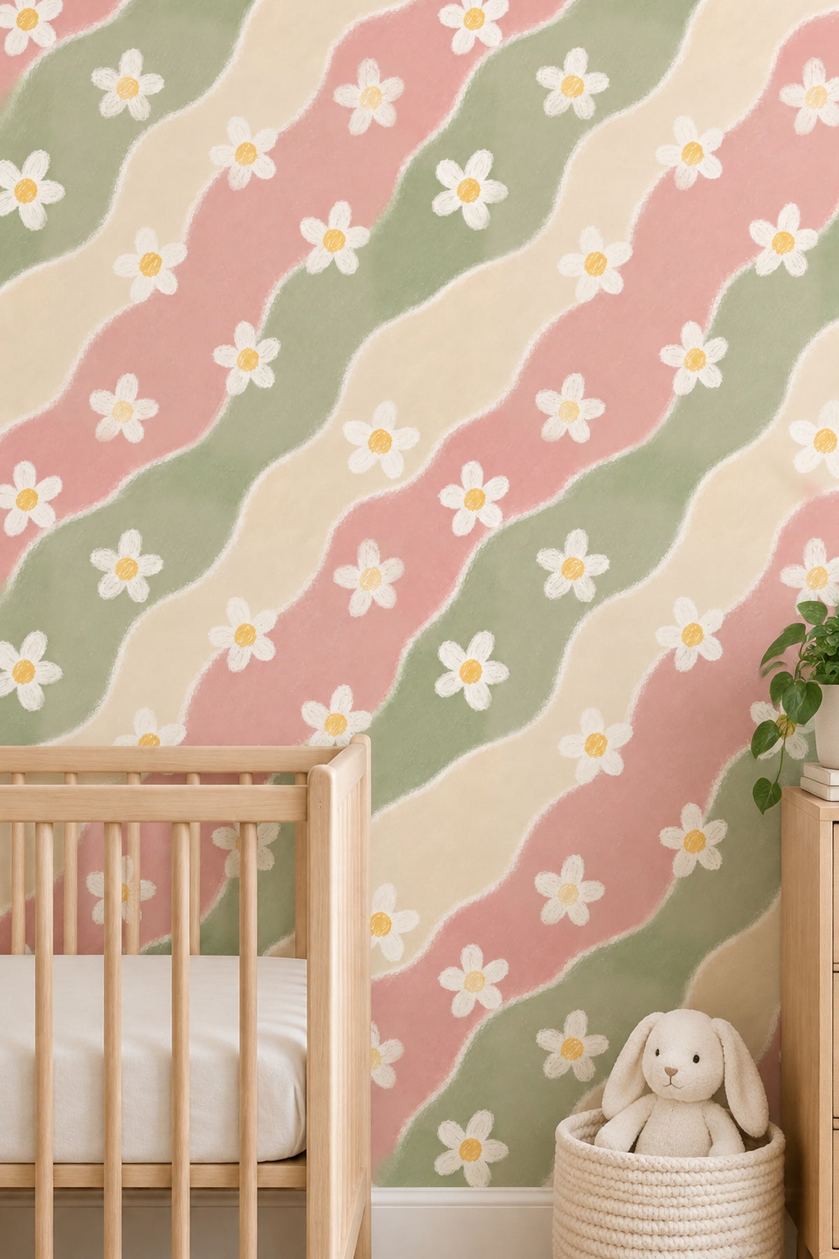 White Daisy Wallpaper Pastel Abstract Waves Pink Sage Green
