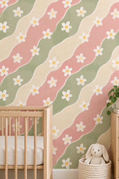 White Daisy Wallpaper Pastel Abstract Waves Pink Sage Green
