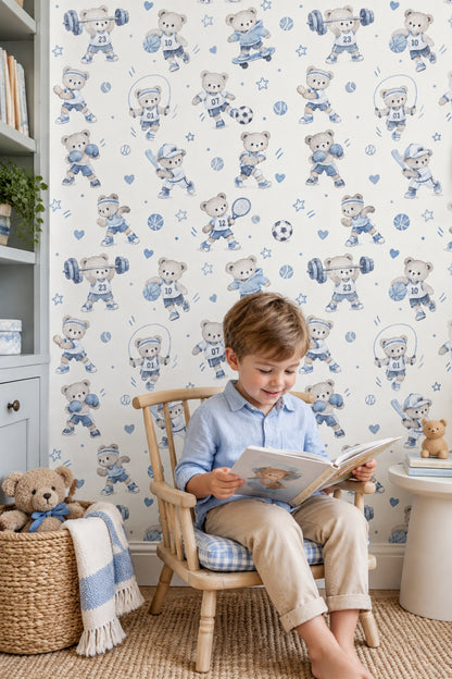 Sports Teddy Bears Wallpaper Pastel Blue Watercolor