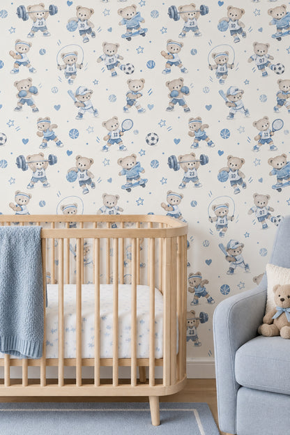 Sports Teddy Bears Wallpaper Pastel Blue Watercolor