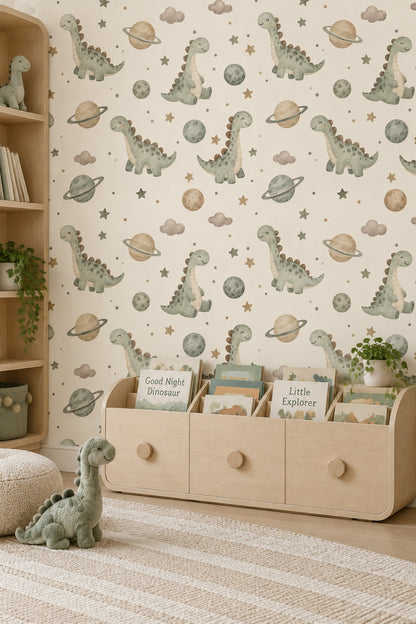 Cute Dinosaurs And Planets Wallpaper Pastel Cream Watercolor