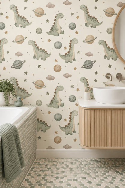 Cute Dinosaurs And Planets Wallpaper Pastel Cream Watercolor