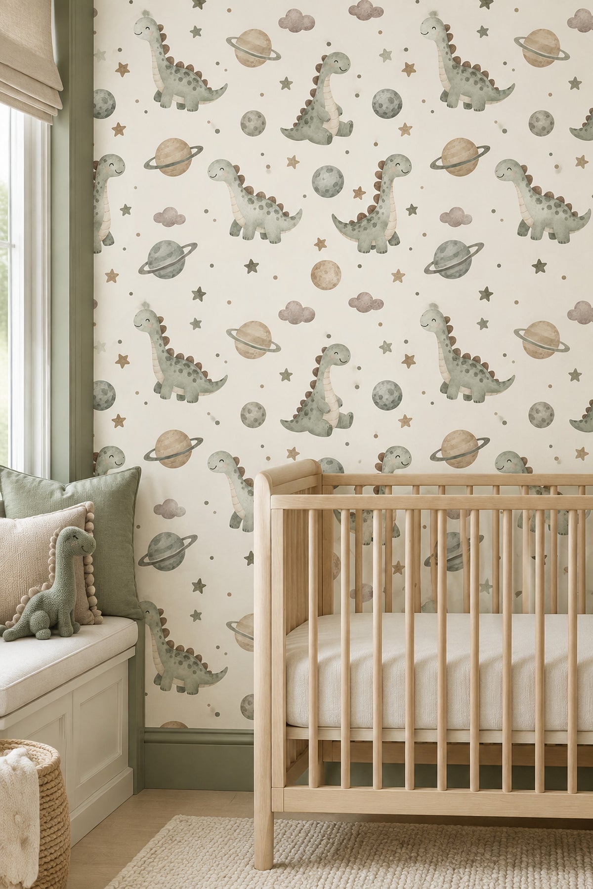 Cute Dinosaurs And Planets Wallpaper Pastel Cream Watercolor