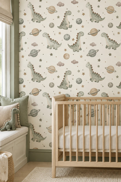 Cute Dinosaurs And Planets Wallpaper Pastel Cream Watercolor