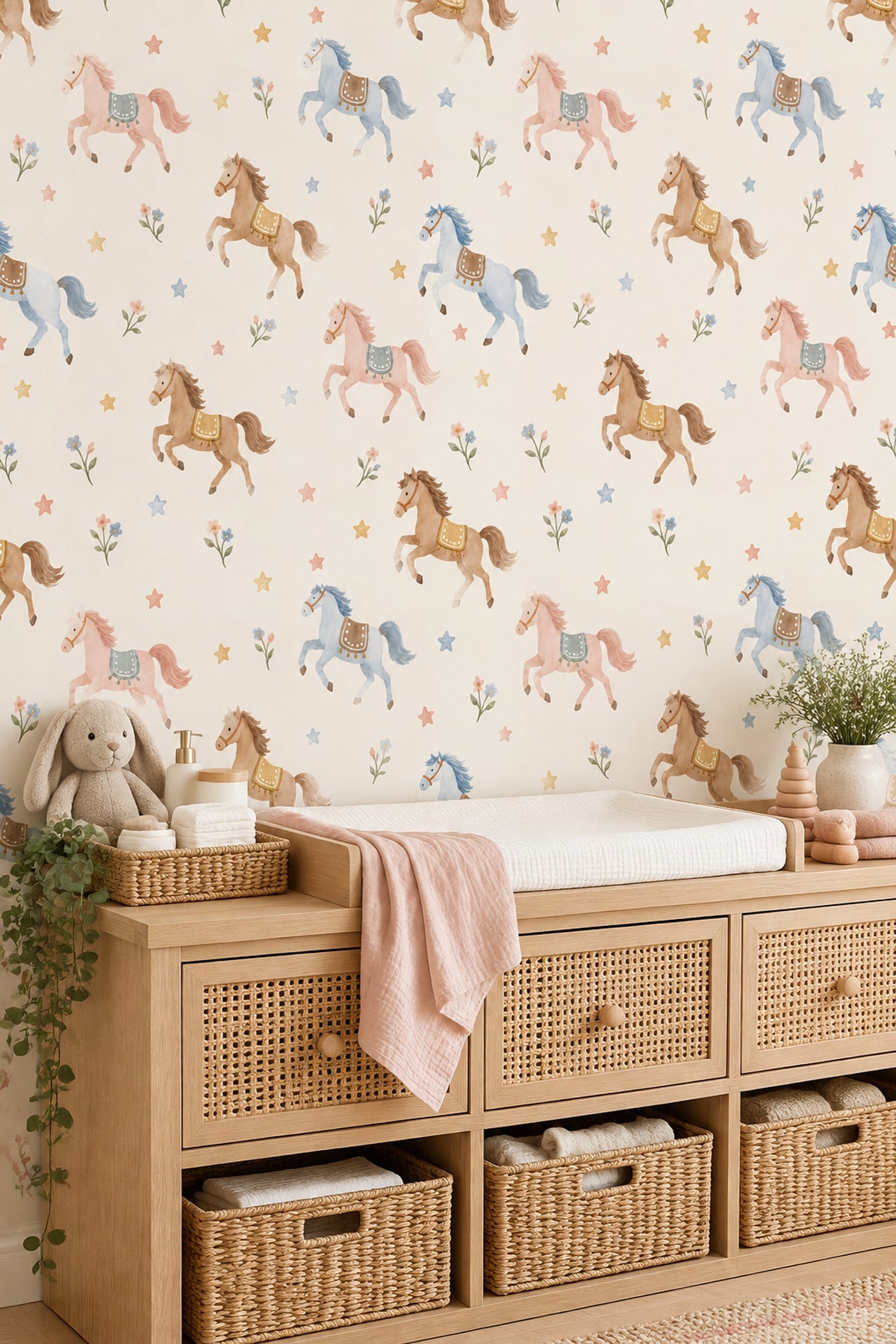Running Horses Wallpaper Pastel Stars And Flowers On Cream