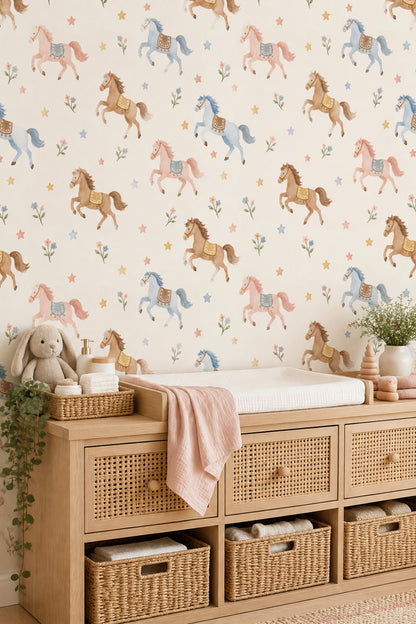 Running Horses Wallpaper Pastel Stars And Flowers On Cream