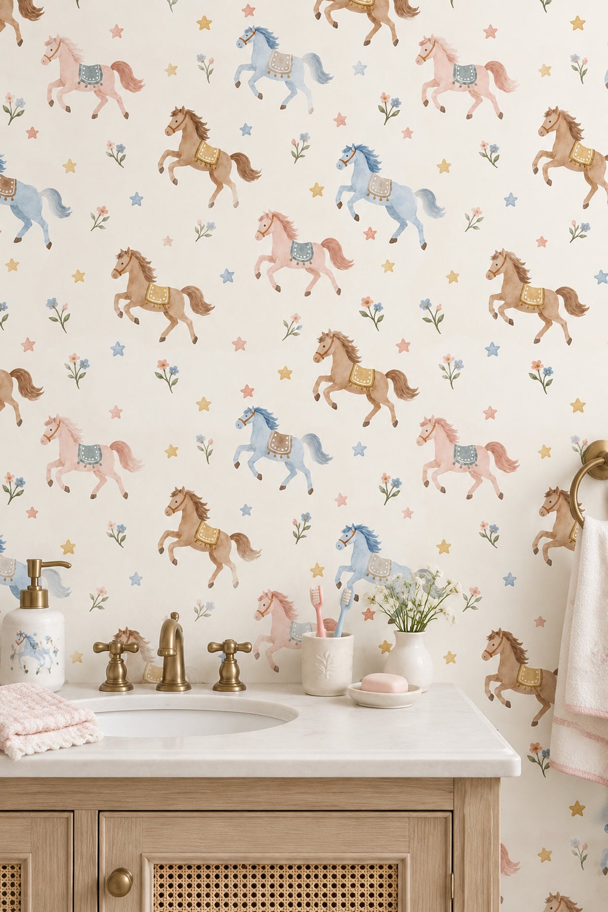 Running Horses Wallpaper Pastel Stars And Flowers On Cream