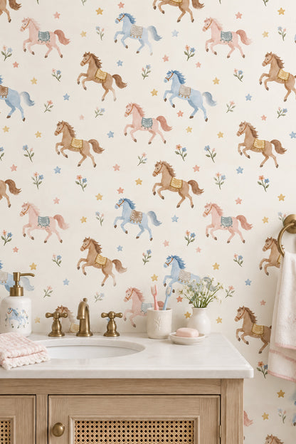 Running Horses Wallpaper Pastel Stars And Flowers On Cream
