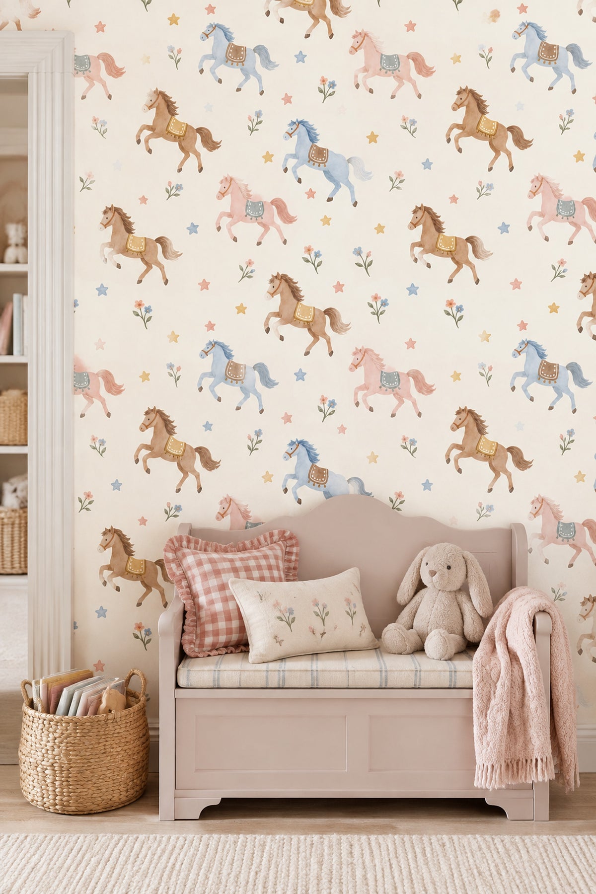 Running Horses Wallpaper Pastel Stars And Flowers On Cream