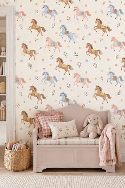 Running Horses Wallpaper Pastel Stars And Flowers On Cream