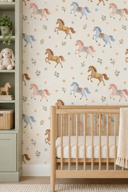 Running Horses Wallpaper Pastel Stars And Flowers On Cream