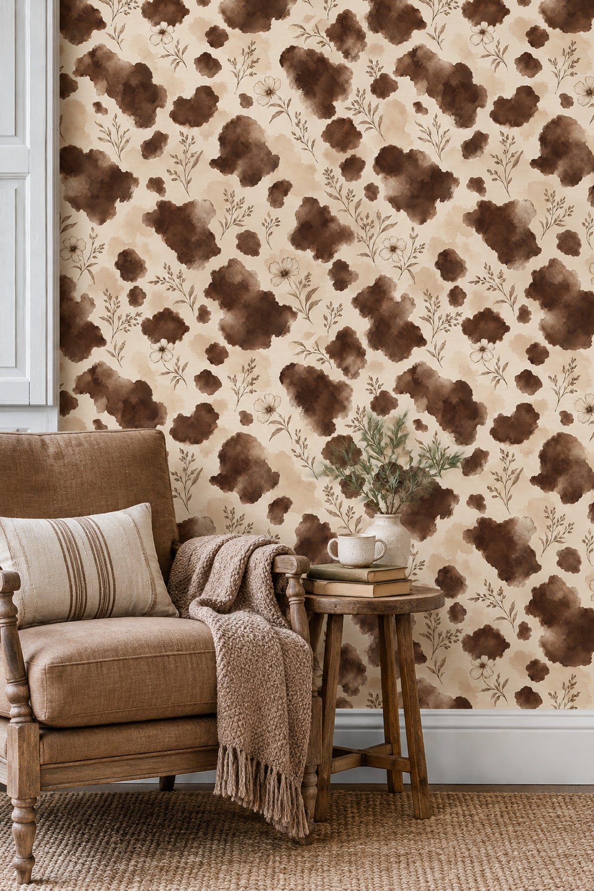 Minimal Botanical Branches Wallpaper Sepia Watercolor Wash