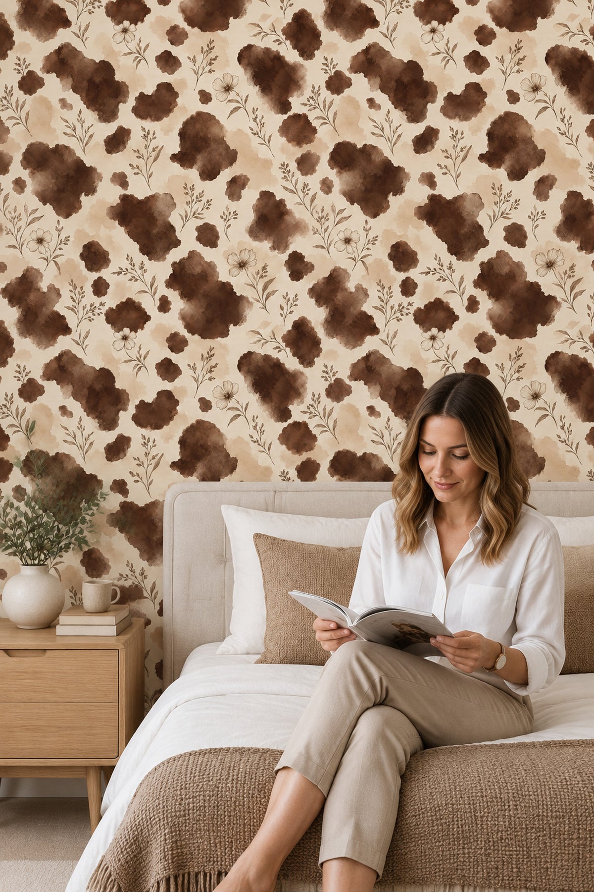 Minimal Botanical Branches Wallpaper Sepia Watercolor Wash