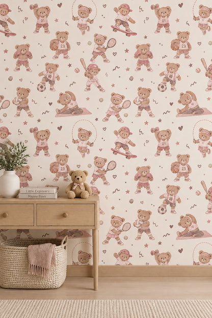 Sporty Teddy Bears Wallpaper Watercolor Pastel Pink