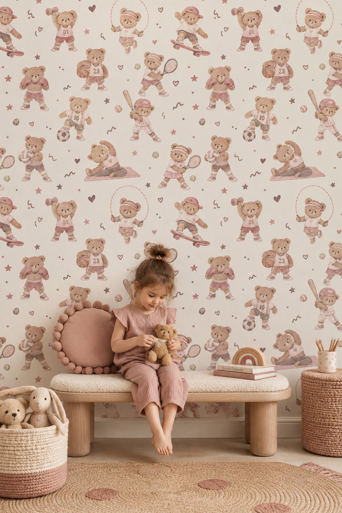 Sporty Teddy Bears Wallpaper Watercolor Pastel Pink