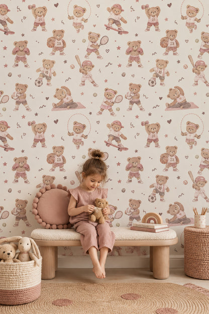 Sporty Teddy Bears Wallpaper Watercolor Pastel Pink
