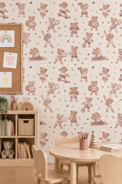Sporty Teddy Bears Wallpaper Watercolor Pastel Pink