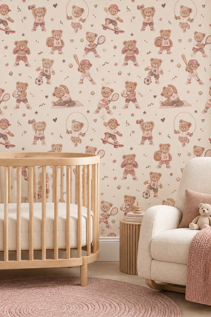 Sporty Teddy Bears Wallpaper Watercolor Pastel Pink