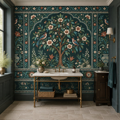 Flowering Tree With Birds Wallpaper Dark Teal Chinoiserie Wall Mural