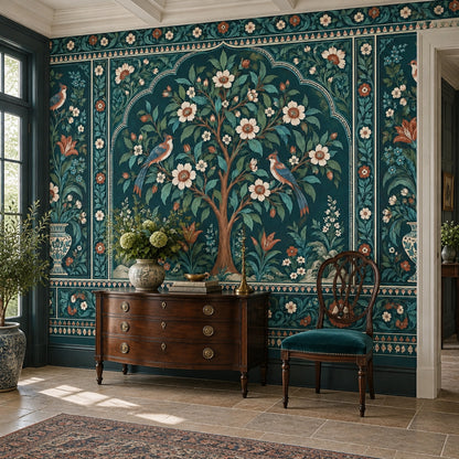 Flowering Tree With Birds Wallpaper Dark Teal Chinoiserie Wall Mural