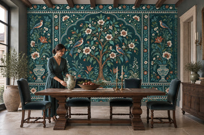 Flowering Tree With Birds Wallpaper Dark Teal Chinoiserie Wall Mural