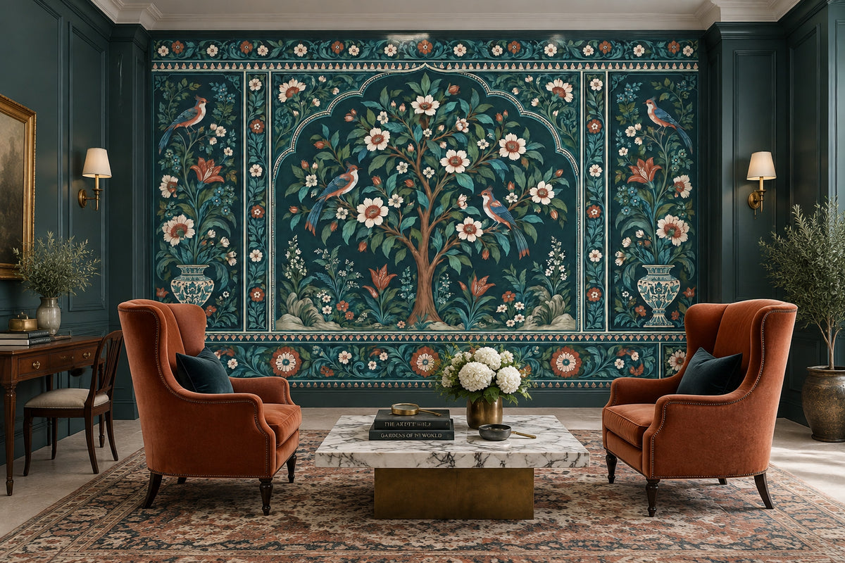 Flowering Tree With Birds Wallpaper Dark Teal Chinoiserie Wall Mural