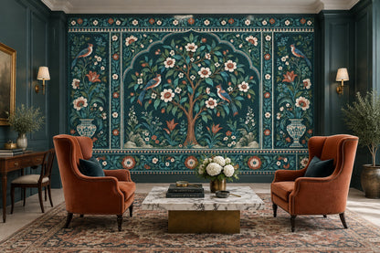 Flowering Tree With Birds Wallpaper Dark Teal Chinoiserie Wall Mural