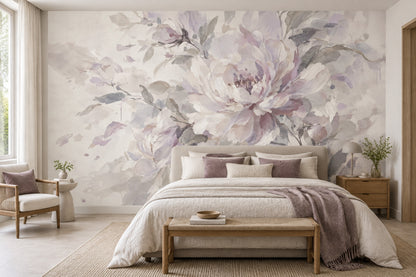 Watercolor Peony Blossoms Wallpaper Soft Lavender Wall Mural