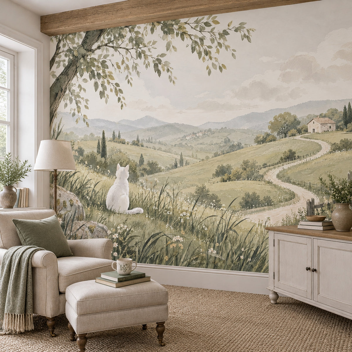 White Cat Meadow Landscape Wallpaper Muted Green Hills Wall Mural