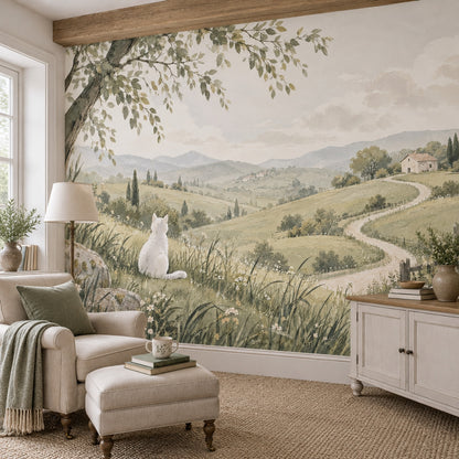 White Cat Meadow Landscape Wallpaper Muted Green Hills Wall Mural