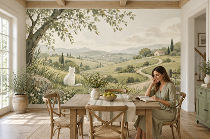 White Cat Meadow Landscape Wallpaper Muted Green Hills Wall Mural