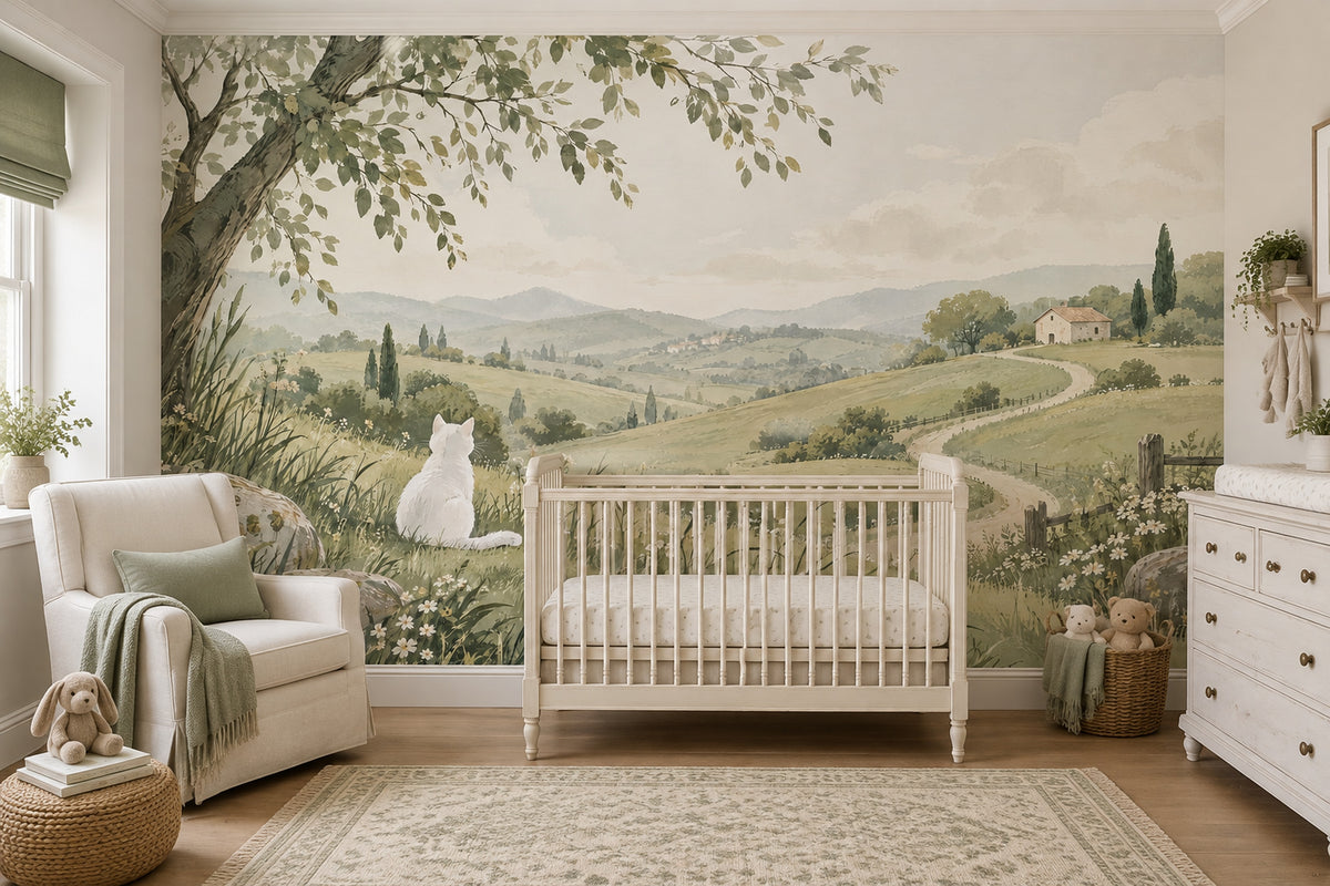 White Cat Meadow Landscape Wallpaper Muted Green Hills Wall Mural