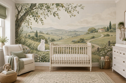 White Cat Meadow Landscape Wallpaper Muted Green Hills Wall Mural