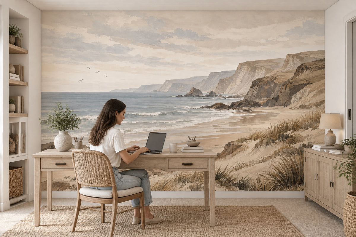 Watercolor Coastal Cliffs Wallpaper Neutral Seaside Wall Mural