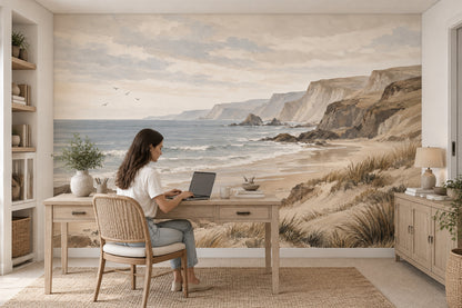 Watercolor Coastal Cliffs Wallpaper Neutral Seaside Wall Mural