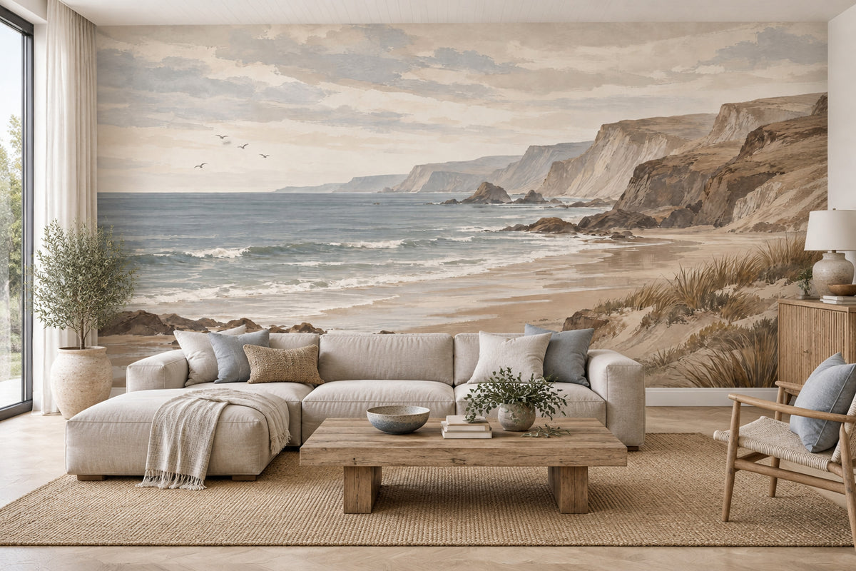 Watercolor Coastal Cliffs Wallpaper Neutral Seaside Wall Mural
