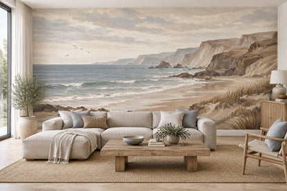 Watercolor Coastal Cliffs Wallpaper Neutral Seaside Wall Mural