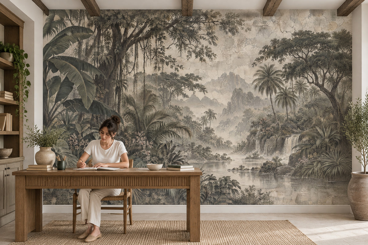 Tropical Jungle Waterfall Wallpaper Vintage Landscape Wall Mural