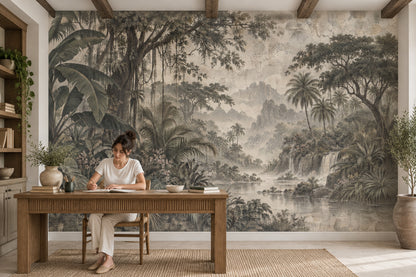 Tropical Jungle Waterfall Wallpaper Vintage Landscape Wall Mural